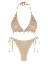 ZAFUL Women Bikini Set Boho Shell Tassel Crochet Tie Swimwear Halter Cheeky Swimsuit Bathing Suit_Khaki